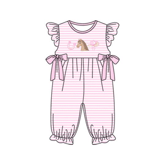 ( Moq 5 ) Preorder Baby Girls Infant Short Sleeves Horse Stripes Pink Bows Western Romper