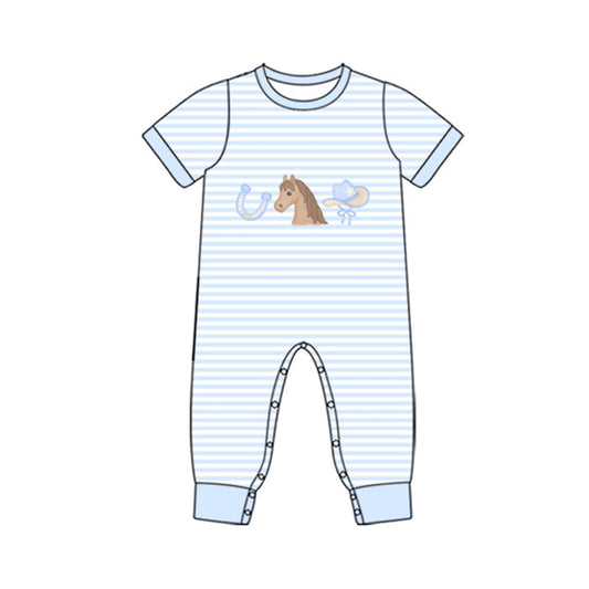 ( Moq 5 ) Preorder Baby Boys Infant Short Sleeves Horse Blue Stripes Western Romper