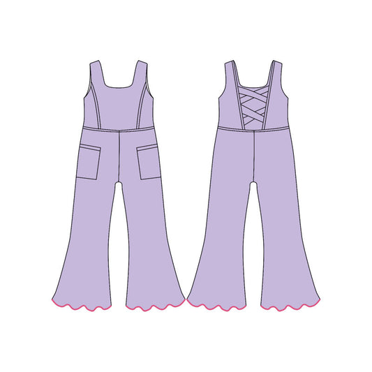 ( Moq 5 ) Preorder Baby Girls Lavender Sleeveless Pockets Pants Yoga Jumpsuit