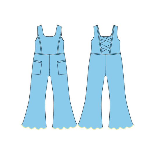 ( Moq 5 ) Preorder Baby Girls Kids Blue Sleeveless Pockets Pants Yoga Jumpsuit
