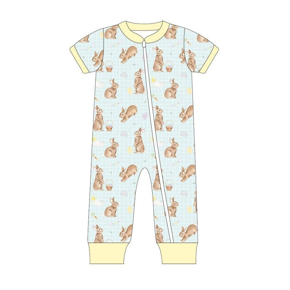 ( Moq 5 ) Preorder Baby Boys Infant Short Sleeves Rabbits Eggs Zipper Easter Romper