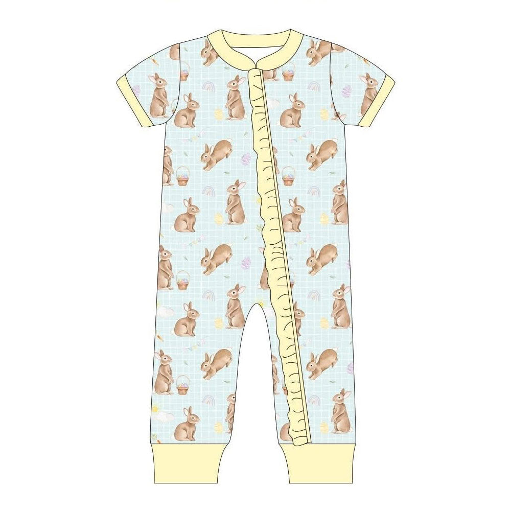 ( Moq 5 ) Preorder Baby Girls Infant Short Sleeves Rabbits Eggs Ruffle Zipper Easter Romper
