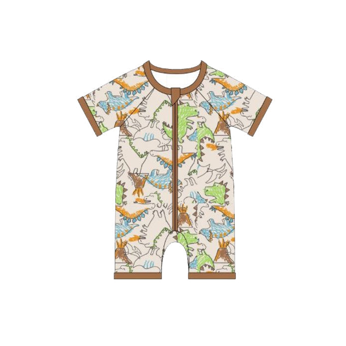 ( Moq 5 ) Preorder Baby Boys Infant Short Sleeves Dinosaurs Zipper Romper