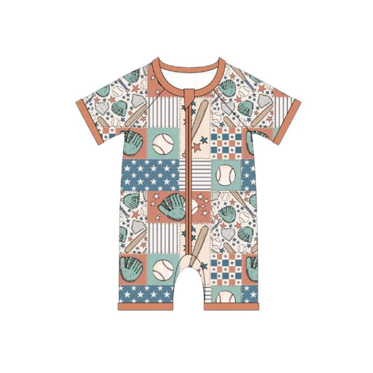 ( Moq 5 ) Preorder Baby Boys Short Sleeves Baseballs Stars Plaid Zipper Romper