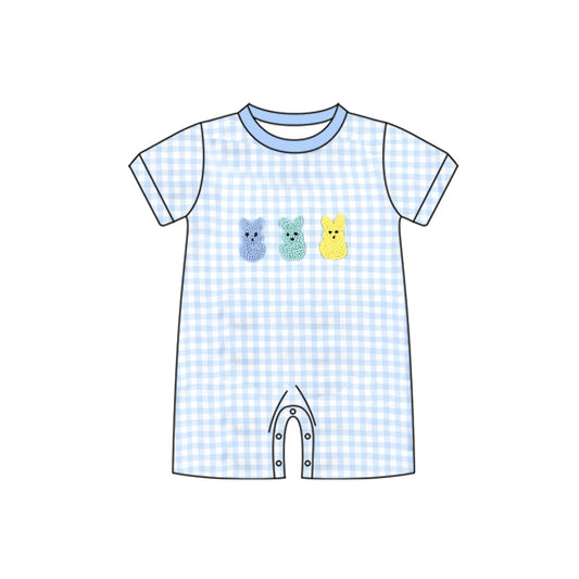 ( Moq 5 ) Preorder Baby Boys Short Sleeves Rabbits Blue Plaid Easter Bubble Romper
