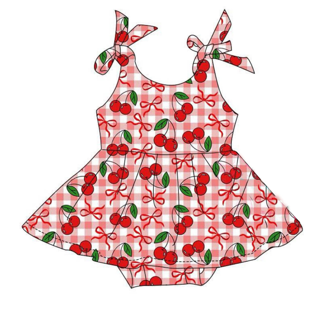 ( Moq 5 ) Preorder Baby Girls Straps Cherry Bows Red Plaid Bummie Ruffle Romper