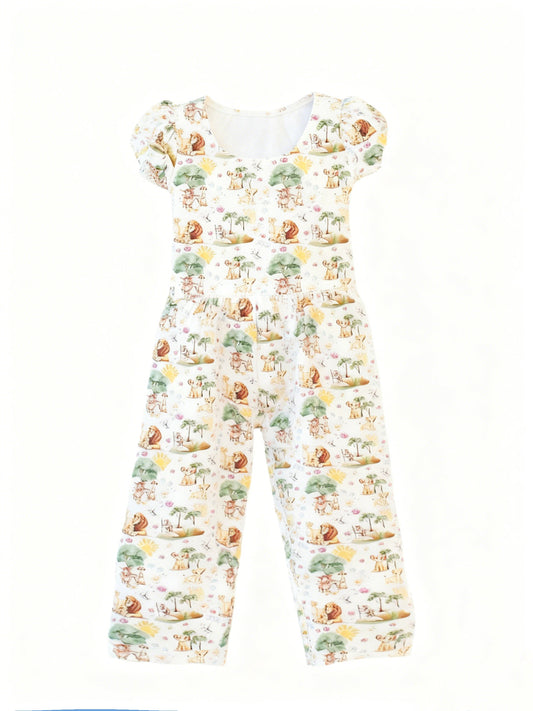 ( Moq 5 ) Preorder Baby Girls Short Sleeves Lions Cartoon Pockets Jumpsuit