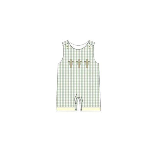 ( Moq 5 ) Preorder Baby Boys Infant Sleeveless Crosses Plaid Easter Romper