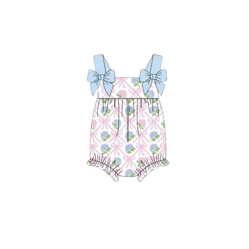 ( Moq 5 ) Preorder Baby Girls Infant Straps Flower Bows Bubble Romper