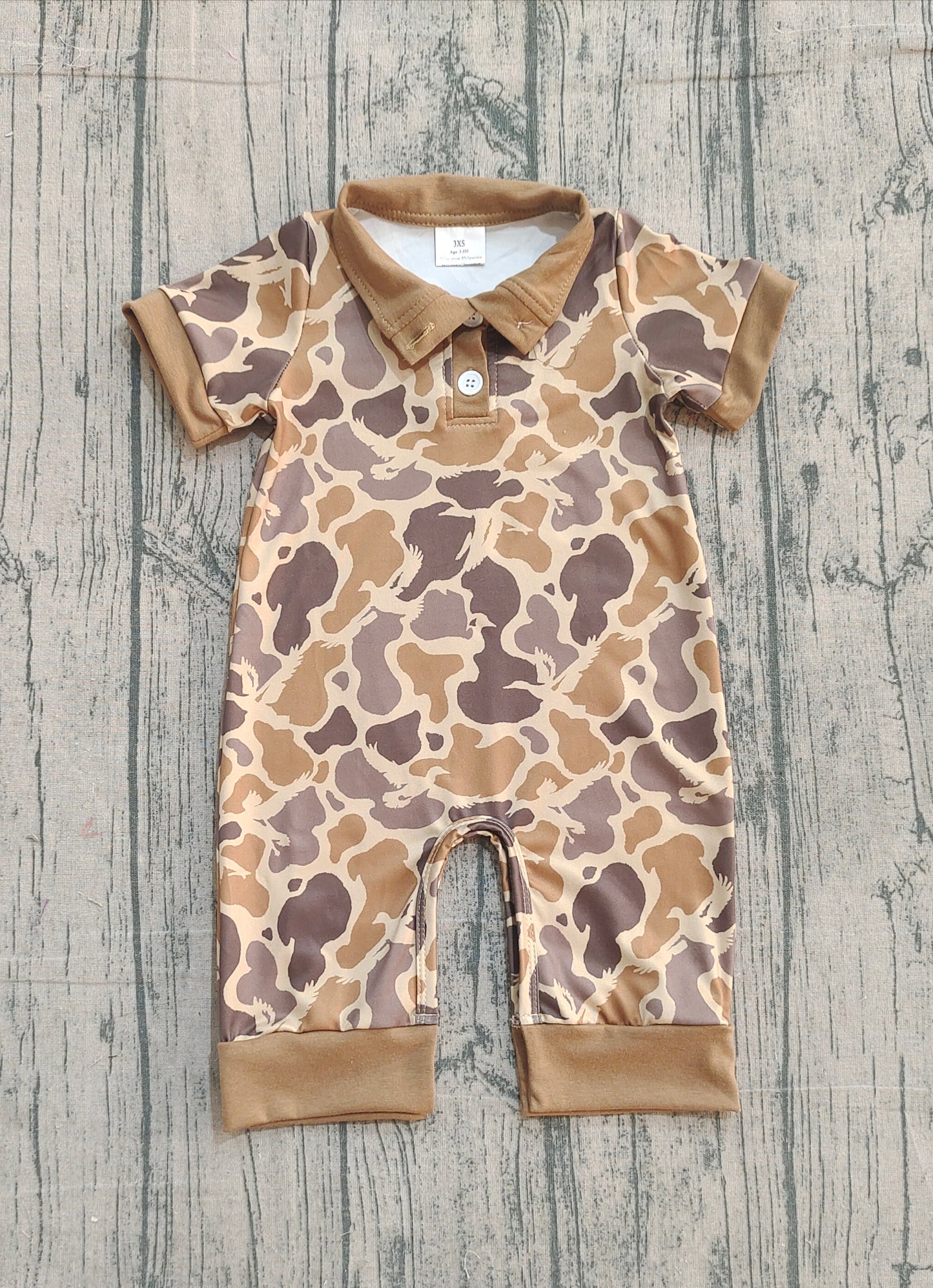 Baby Boys Infant Short Sleeves Camo Hunting Buttons Brown Romper RTS