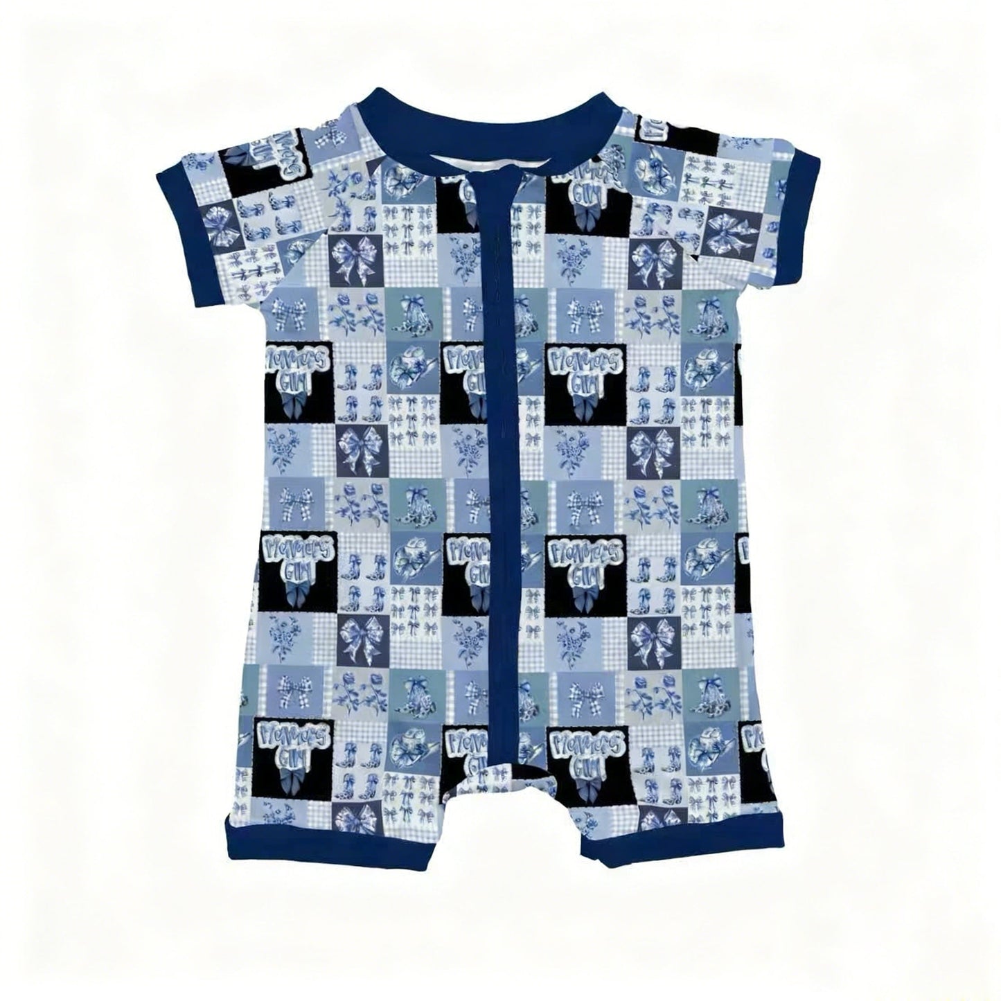 ( Moq 5 ) Preorder Baby Kids Blue Bows Boots Mama's Girl Western Zipper Shorts Romper