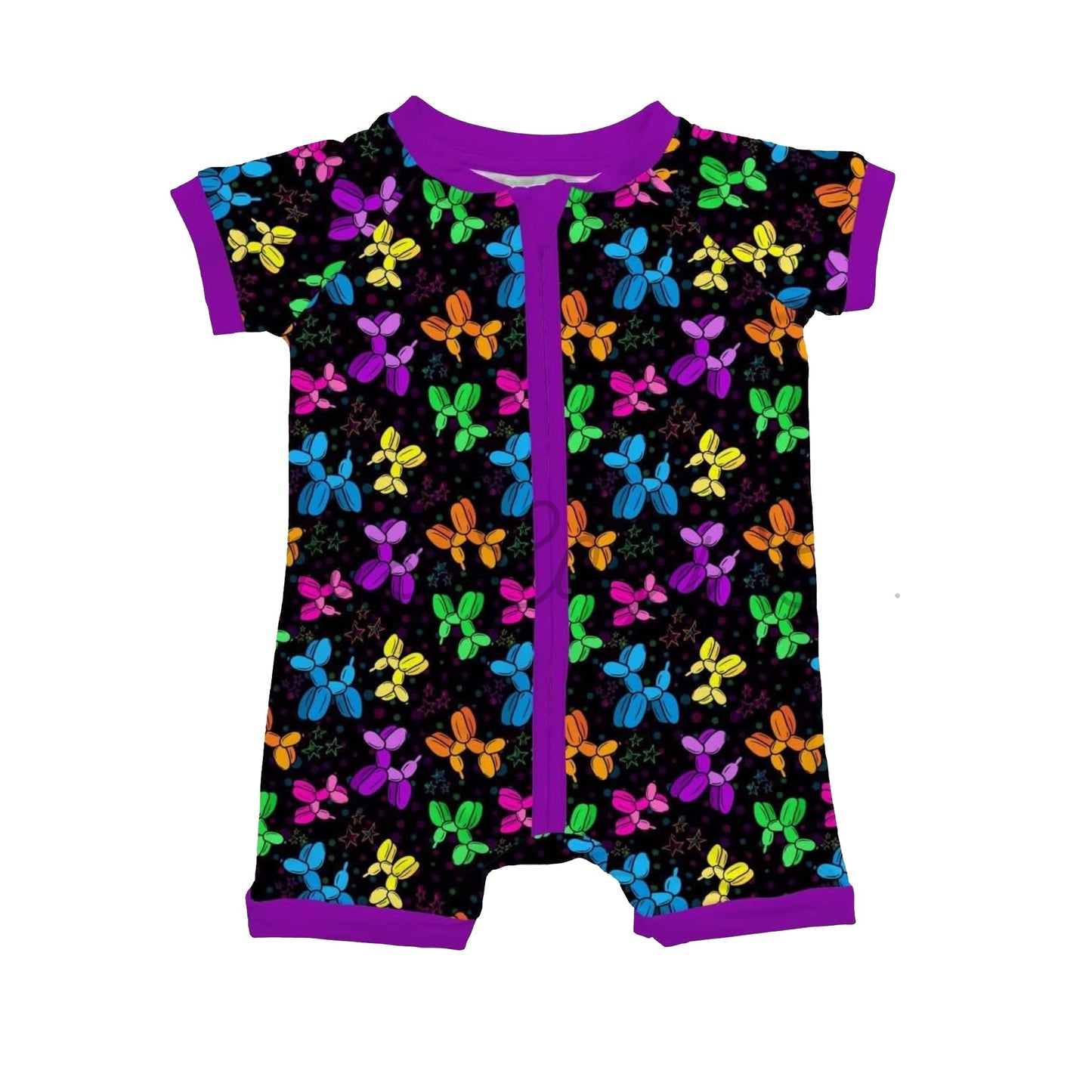 ( Moq 5 ) Preorder Baby Girls Short Sleeves Balloons Dogs Purple Zipper Shorts Romper