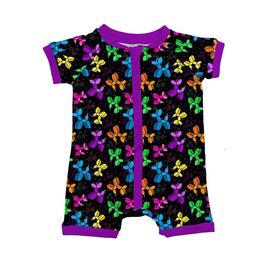 ( Moq 5 ) Preorder Baby Girls Short Sleeves Balloons Dogs Purple Zipper Shorts Romper