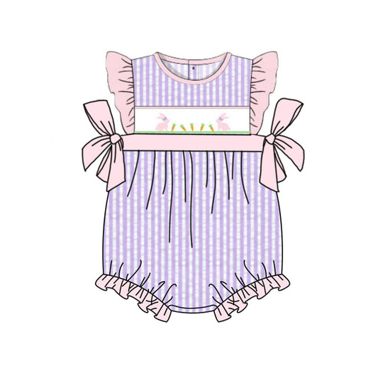 ( Moq 5 ) Preorder Baby Girls Short Sleeves Purple Stripes Rabbits Carrots Bows Bubble Romper