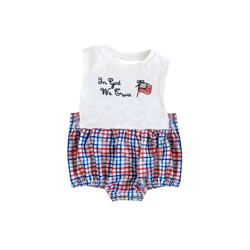 ( Moq 5 ) Preorder Baby Boys Short Sleeves Flag Plaid 4th of July Bubble Romper