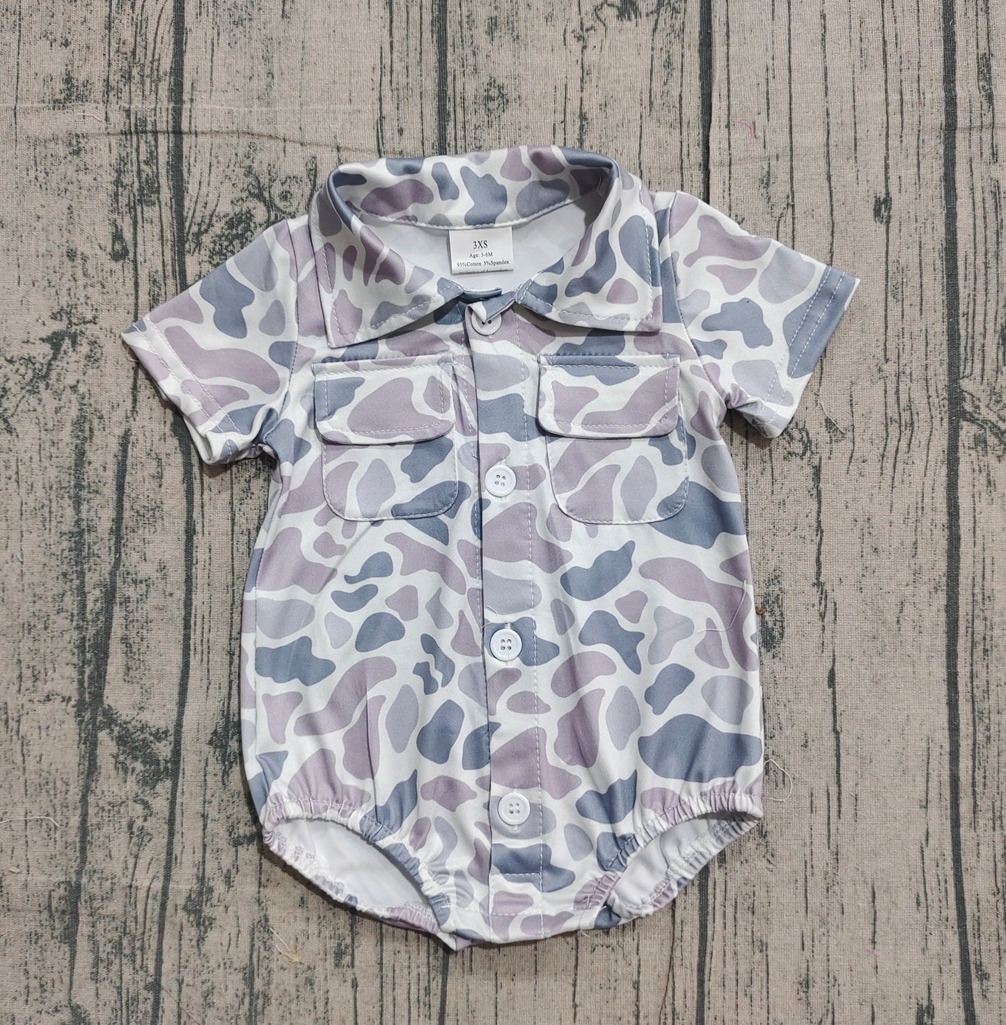 Baby Boys Infant Short Sleeves Grey Camo Pockets Buttons Bubble Romper RTS