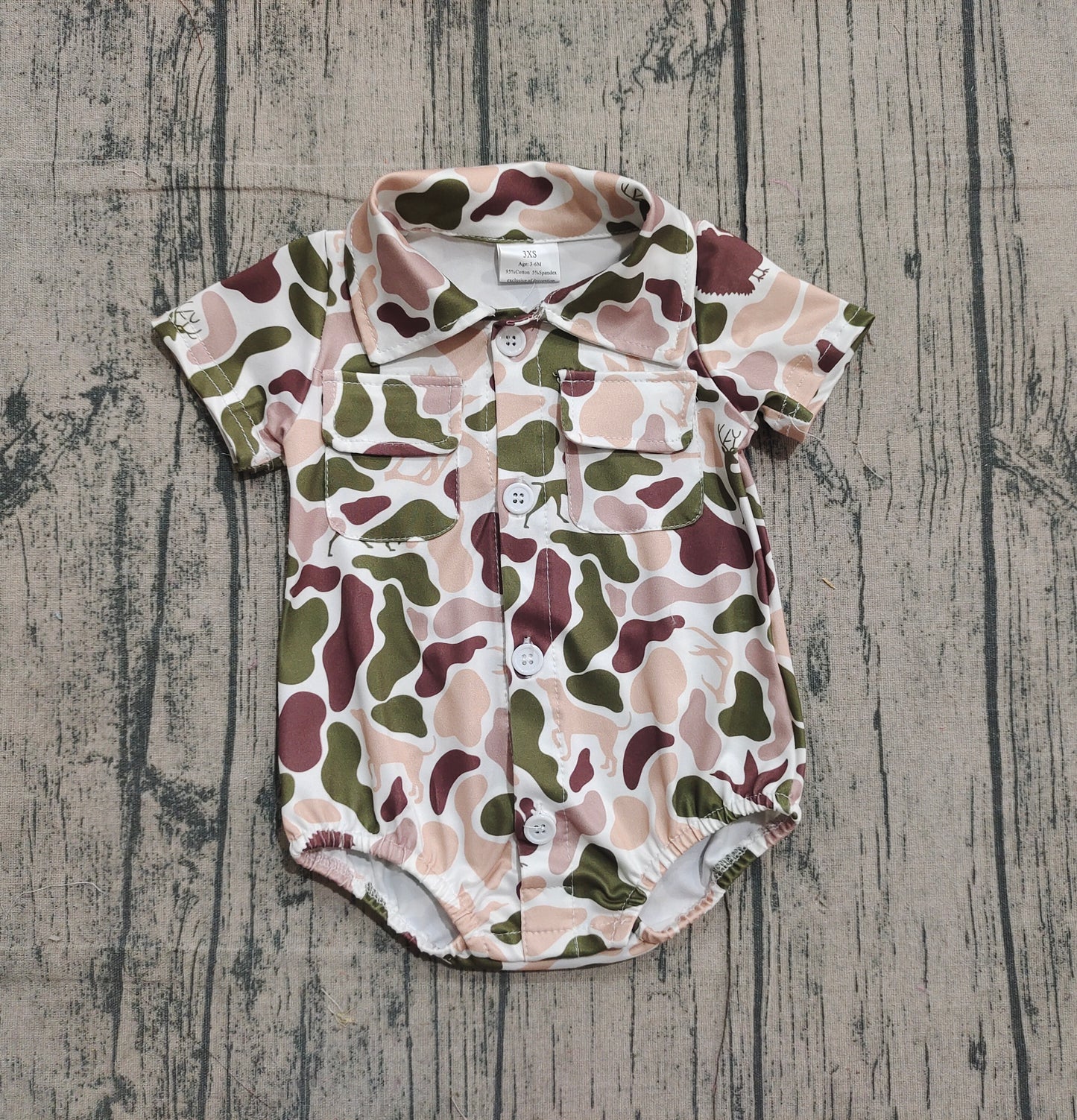 Baby Boys Short Sleeves Dogs Ducks Deer Camo Pockets Buttons Romper RTS