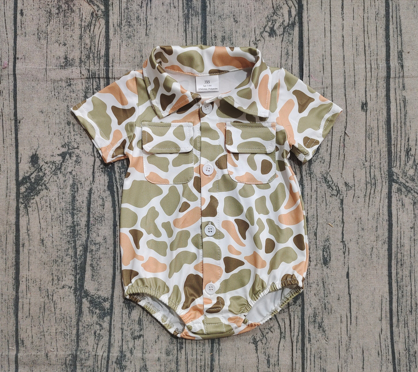 Baby Boys Short Sleeves Orange Green Camo Pockets Buttons Romper RTS