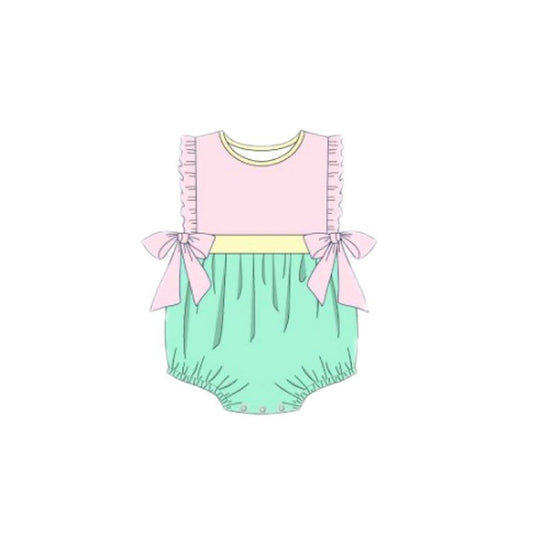 ( Moq 5 ) Preorder Baby Girls Infant Pink Bows Green Bubble Summer Romper