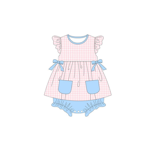 ( Moq 5 ) Preorder Baby Girls Short Sleeves Pink Plaid Pockets Bows Blue Bummie Romper