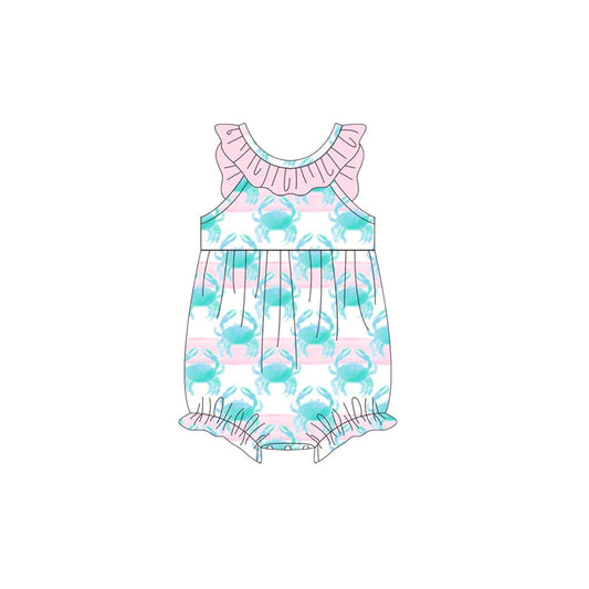 ( Moq 5 ) Preorder Baby Girls Infant Sleeveless Crabs Summer Ruffle Bubble Romper