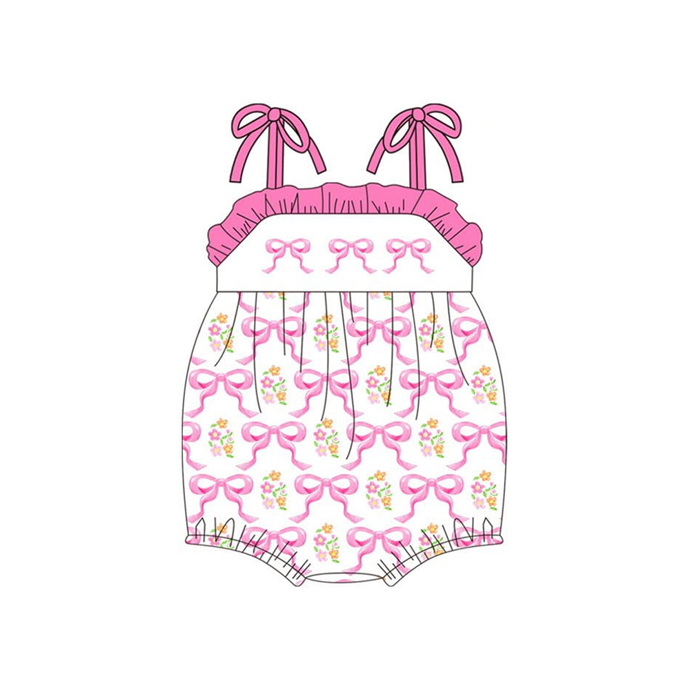 ( Moq 5 ) Preorder Baby Girls Infant Pink Straps Bows Floral Bubble Romper