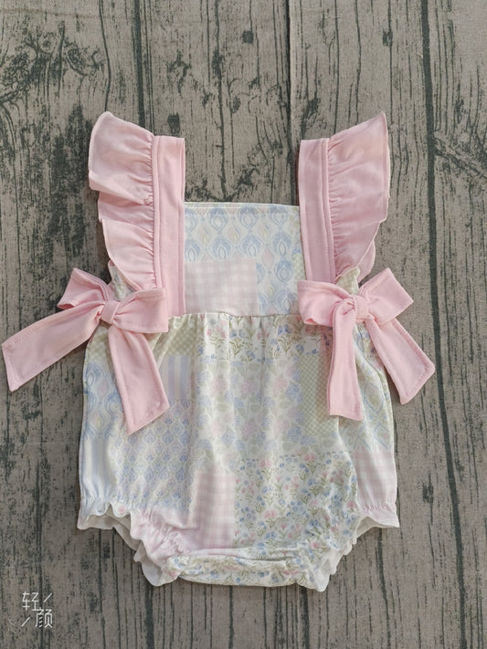 ( No moq ) Preorder Baby Girls Infant Short Sleeves Floral Pink Bows Bubble Romper
