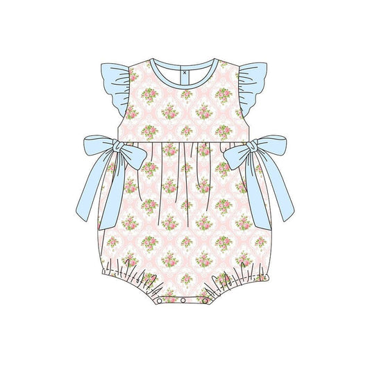 ( Moq 5 ) Preorder Baby Girls Infant Short Sleeves Floral Blue Bows Bubble Romper