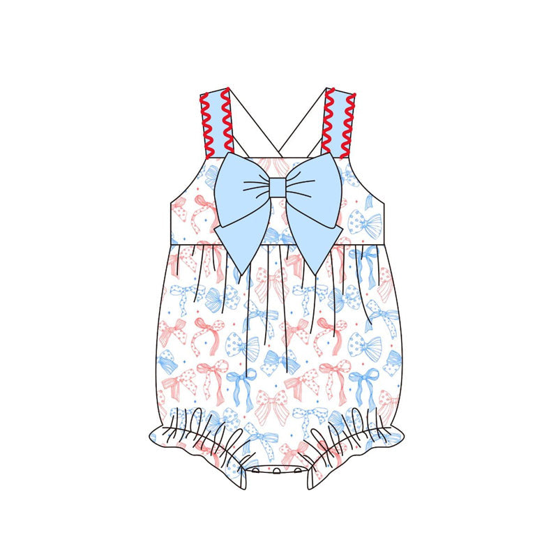 ( Moq 5 ) Preorder Baby Girls Infant Straps Bows Stars 4th of July Bubble Romper