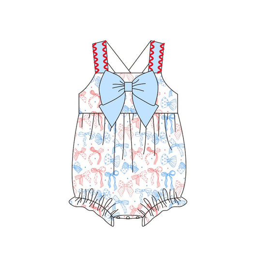 ( Moq 5 ) Preorder Baby Girls Infant Straps Bows Stars 4th of July Bubble Romper