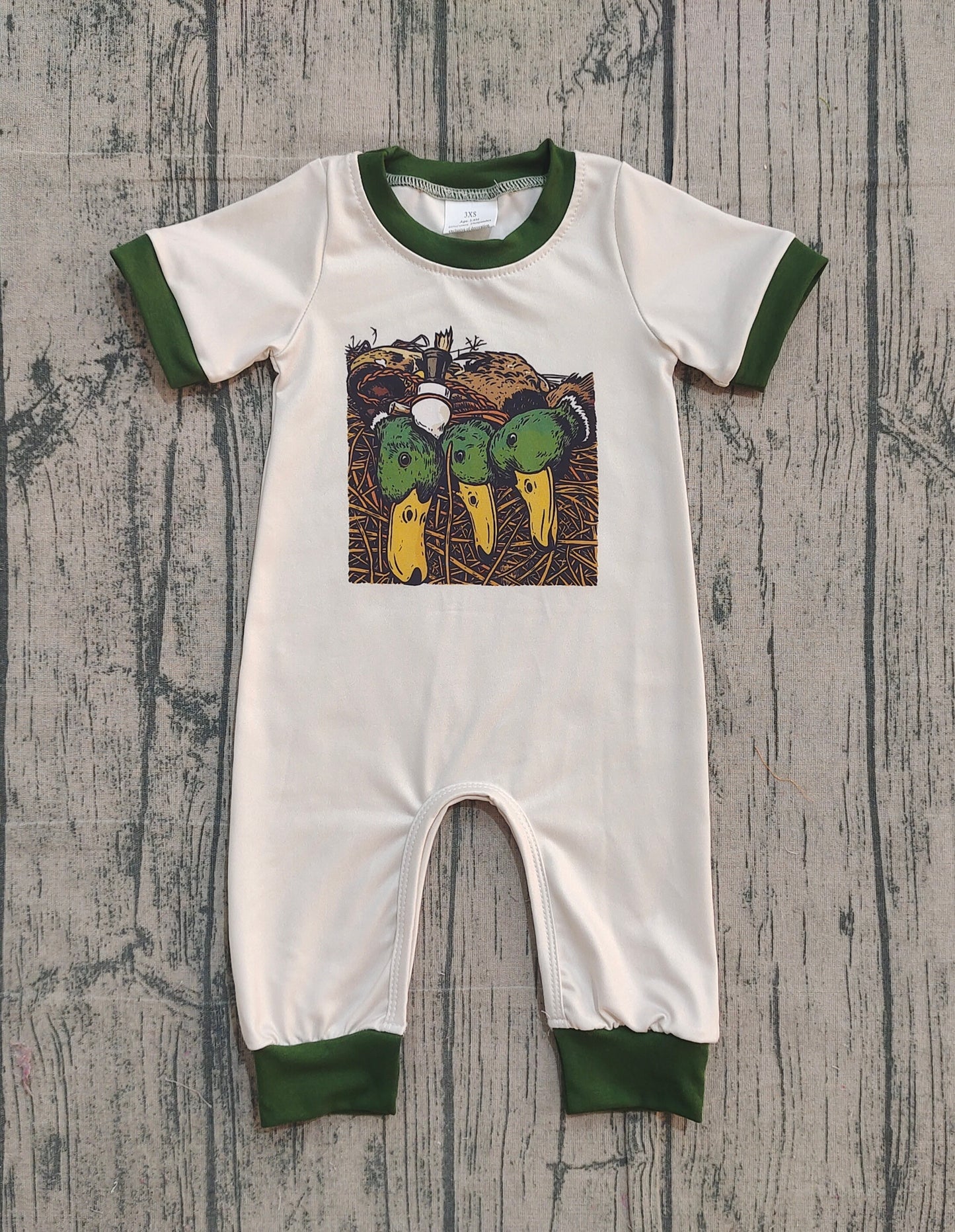Baby Boys Infant Short Sleeves Ducks Hunting Buttons Grey Romper RTS