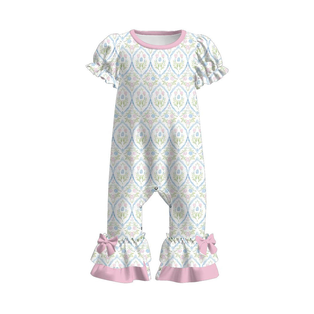 ( Moq 5 ) Preorder Baby Girls Short Sleeves Flower Pink Bows Ruffle Romper