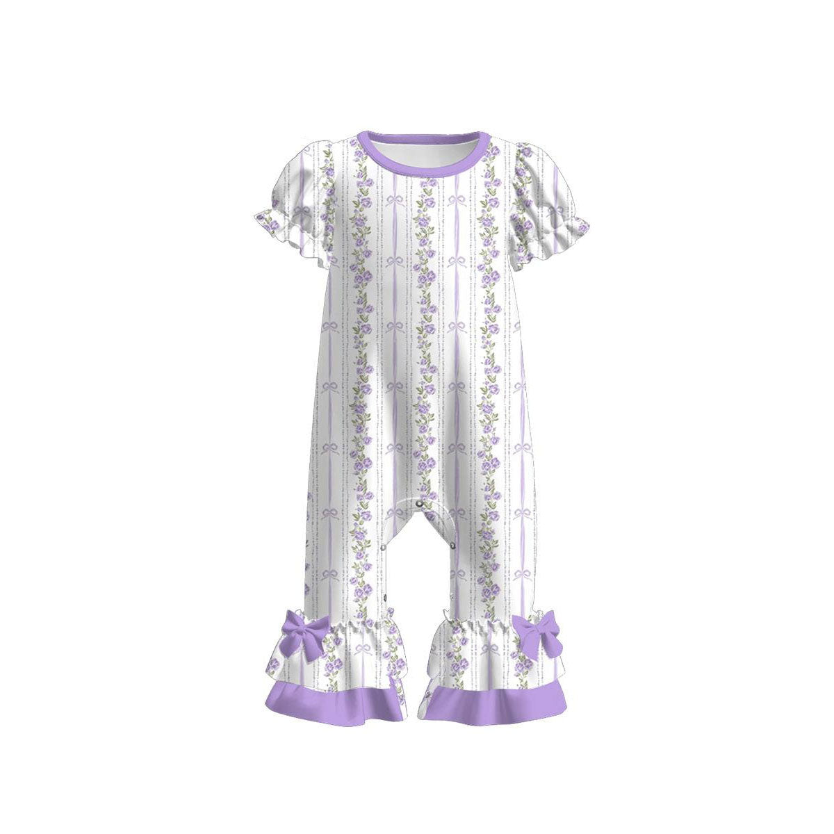 ( Moq 5 ) Preorder Baby Girls Short Sleeves Lavender Floral Bows Ruffle Romper