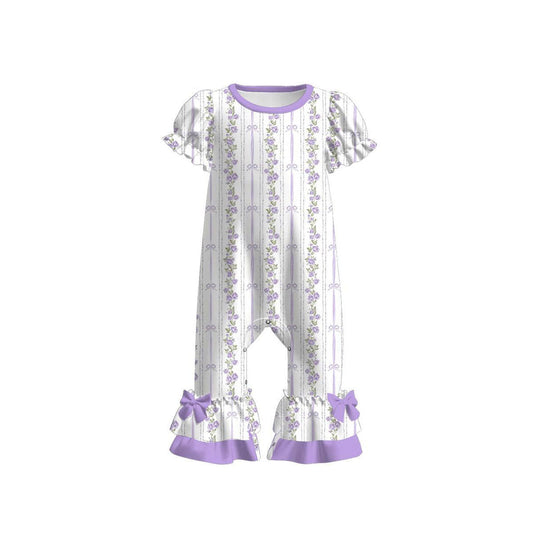 ( Moq 5 ) Preorder Baby Girls Short Sleeves Lavender Floral Bows Ruffle Romper