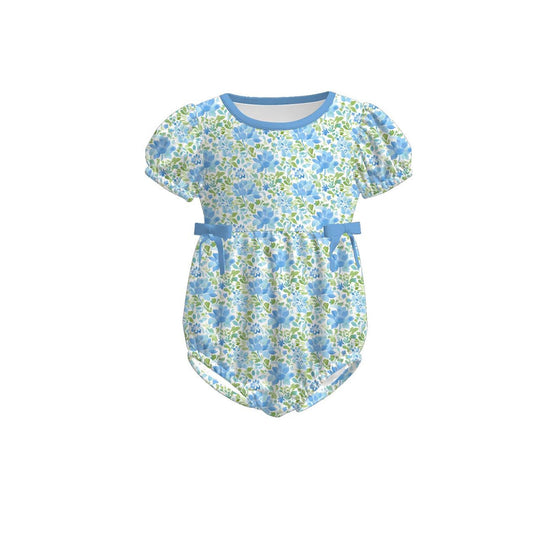 ( Moq 5 ) Preorder Baby Girls Short Sleeves Blue Bows Flower Knee Length Dress