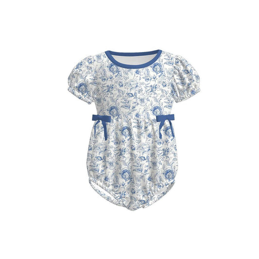 ( Moq 5 ) Preorder Baby Girls Short Sleeves Blue Bows Flower Bubble Romper