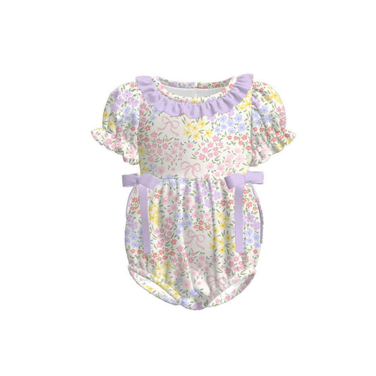 ( Moq 5 ) Preorder Baby Girls Short Sleeves Lavender Bows Floral Bubble Romper