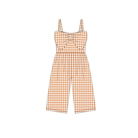 ( Moq 5 ) Preorder Baby Girls Sleeveless Orange Plaid Bow Pants Jumpsuits