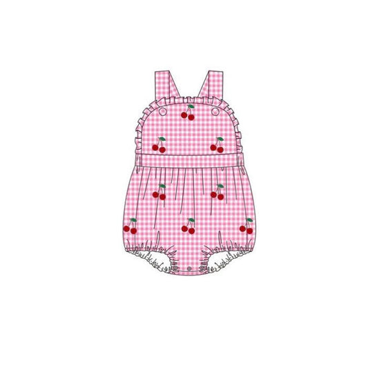 ( Moq 5 ) Preorder Baby Girls Sleeveless Cherry Pink Plaid Bubble Romper
