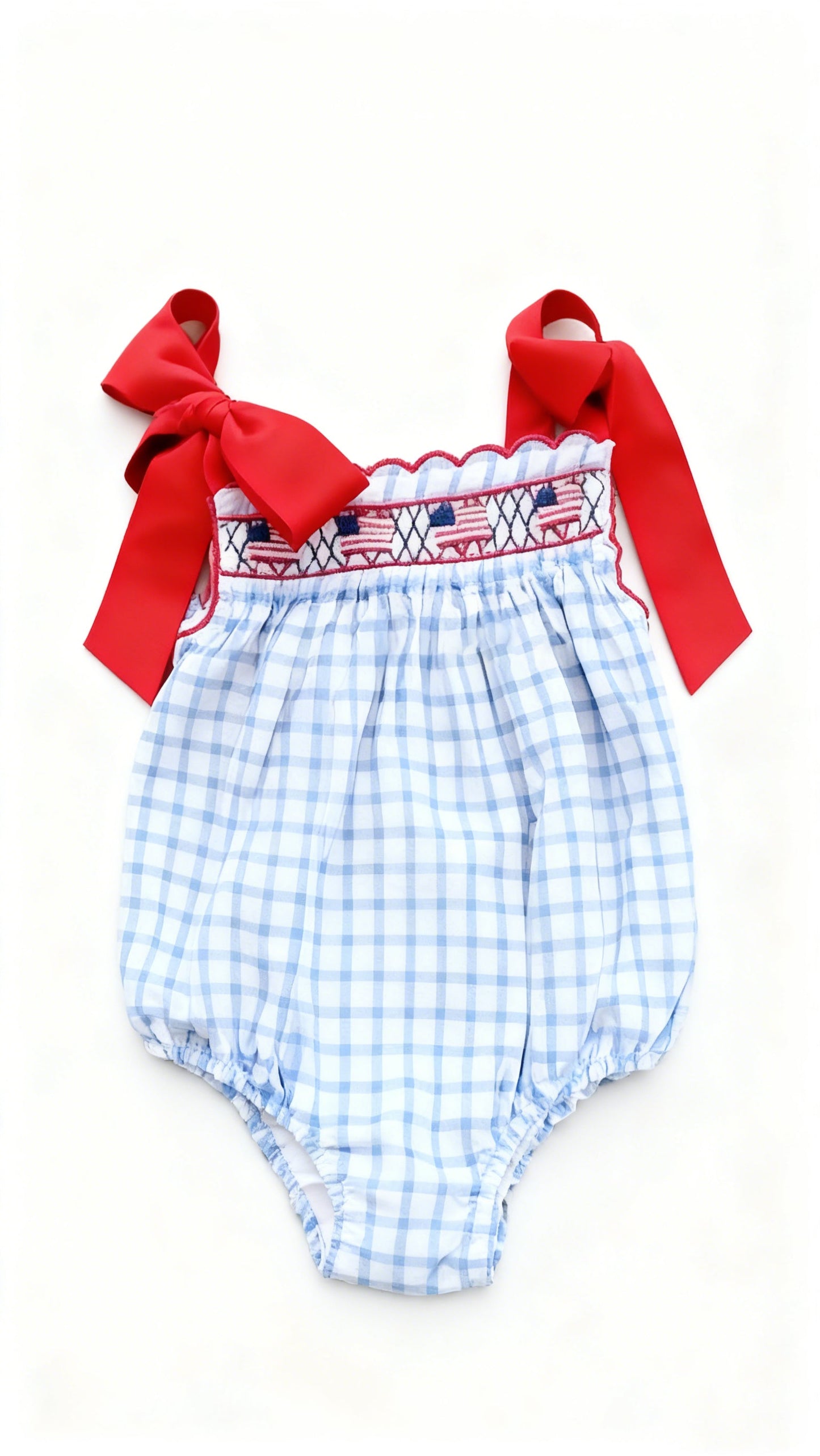 ( Moq 5 ) Preorder Baby Girls Bows Straps Flags Blue Plaid 4th of July Bubble Romper