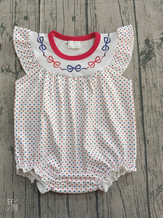( No moq ) Preorder Baby Girls Short Sleeves Embroidery Red Blue Bows Dots 4th of July Bubble Romper