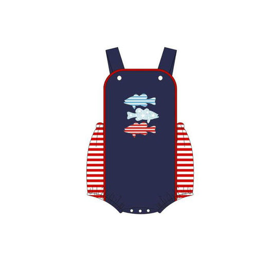 ( Moq 5 ) Preorder Baby Boys Sleeveless Fish Stripes 4th of July Navy Romper