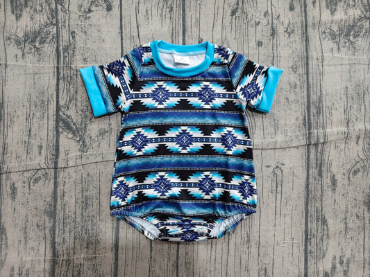 ( No moq ) Preorder Baby Boys Short Sleeves Western Aztec Blue Bubble Romper