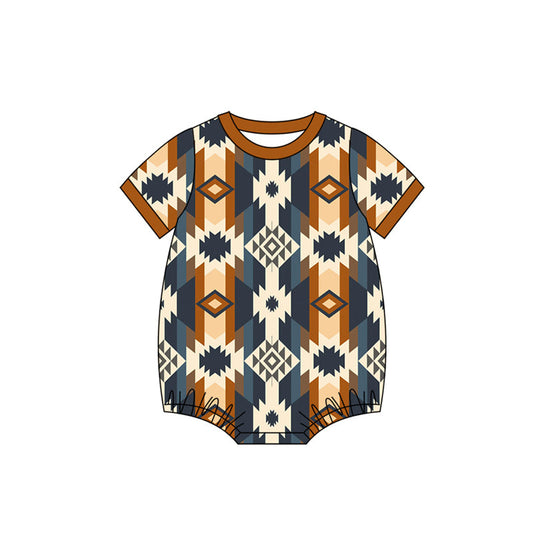 ( Moq 5 ) Preorder Baby Boys Short Sleeves Western Aztec Brown Bubble Romper