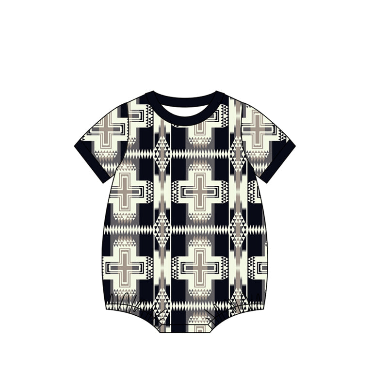 ( Moq 5 ) Preorder Baby Boys Short Sleeves Western Aztec Black Bubble Romper