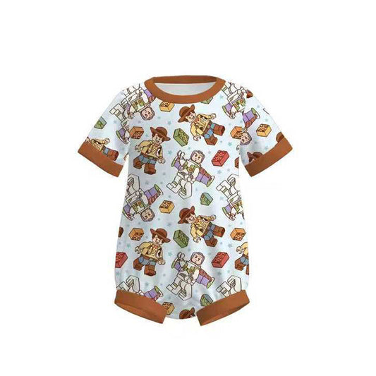 ( Moq 5 ) Preorder Baby Boys Infant Brown Short Sleeves Toys Cartoon Romper