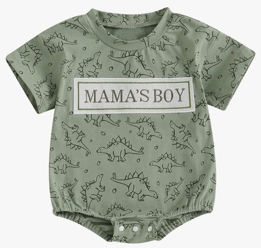 ( Moq 5 ) Preorder Baby Kids Short Sleeves Mama's Boy Dinosaurs Green Romper