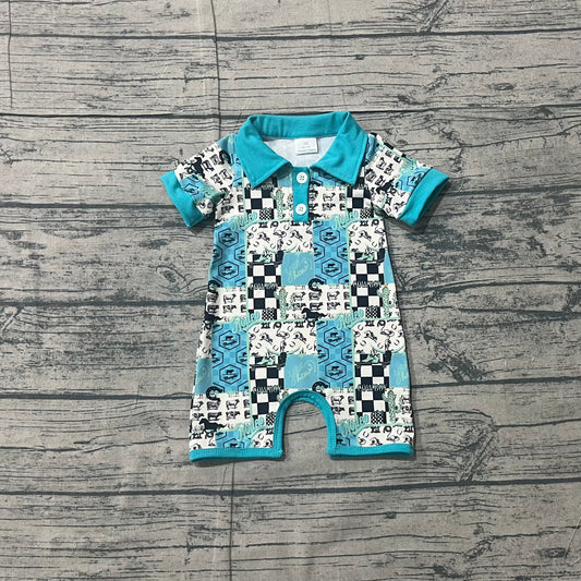 ( No moq ) Preorder Baby Boys Short Sleeves Western Buttons Blue Romper