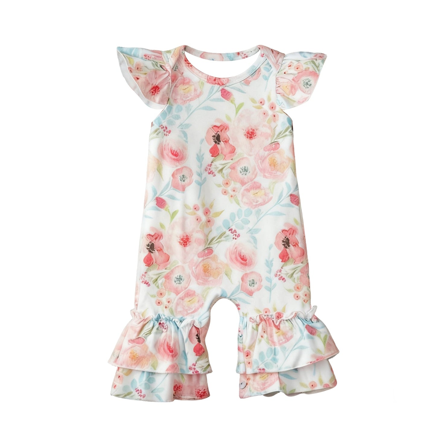 ( Moq 5 ) Preorder Baby Girls Short Sleeves Flower Ruffle Ruffle Romper