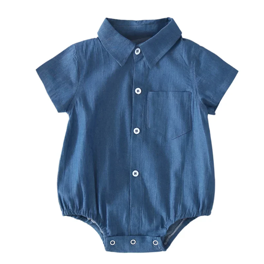 ( Moq 5 ) Preorder Baby Boys Blue Short Sleeves Buttons Pocket Bubble Romper